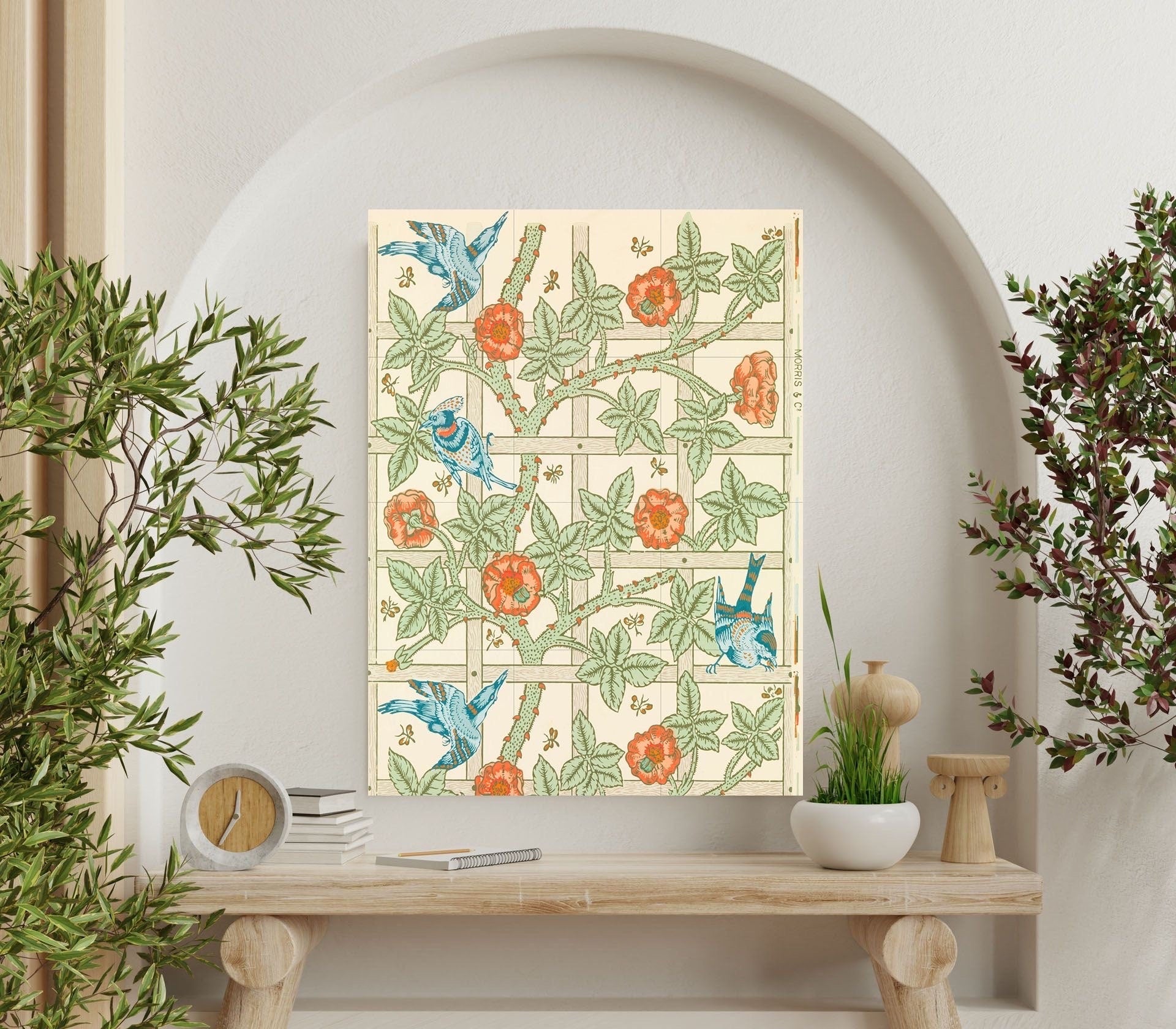 Tile Mural/Mosaic Ceramic Panel of Trellis - William Morris Pattern - Birds Wall Art - Tile Mural Mosaic - Bird Mural - Bird and Flower Art