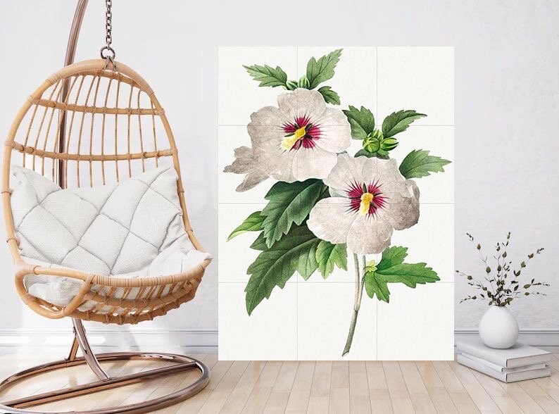 Tile Mural/Mosaic Ceramic Panel Hibiscus Flower - Pierre-Joseph Redoute - Flower Wall Art - Vintage Botanical Print - Floral Wall Art