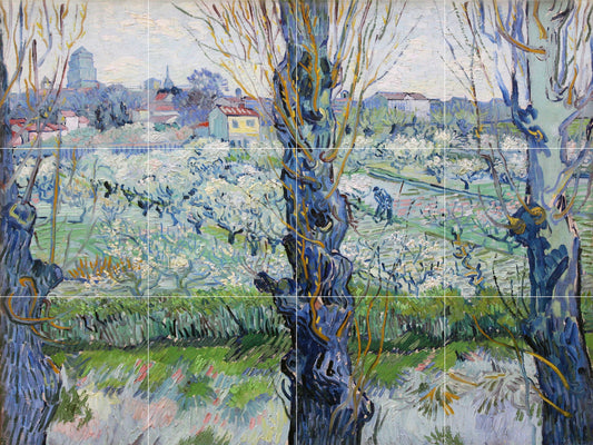 Tile Mural/Mosaic Ceramic Panel of Vincent Van Gogh Orchards - Van Gogh Wall Nature Art Print - Van Gogh Art Print - Countryside Mural