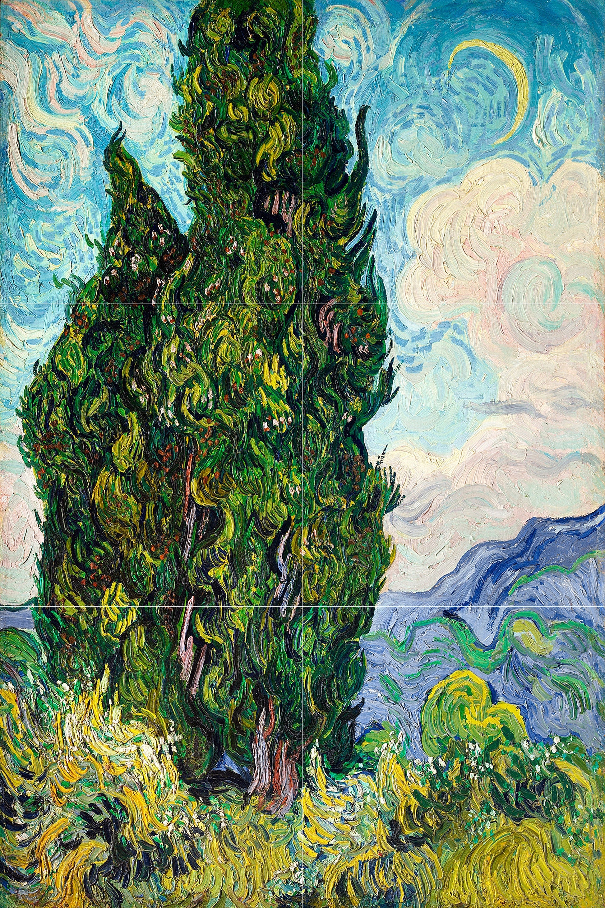 Tile Mural/Mosaic Ceramic Panel of Vincent Van Gogh Painting Cypresses Print - Countryside Mural -Van Gogh Art Print - Countryside Wall Art