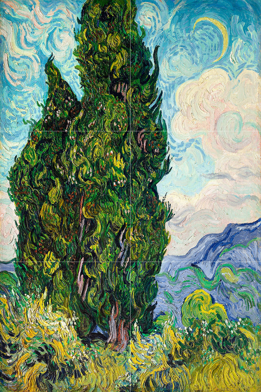 Tile Mural/Mosaic Ceramic Panel of Vincent Van Gogh Painting Cypresses Print - Countryside Mural -Van Gogh Art Print - Countryside Wall Art