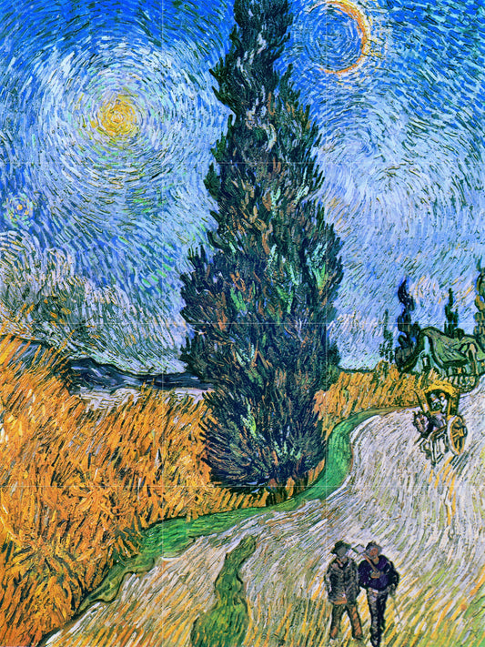 Tile Mural/Mosaic Ceramic Panel of Vincent Van Gogh - Road with Cypresses and Star- Countryside Mural -Van Gogh Print - Countryside Wall Art