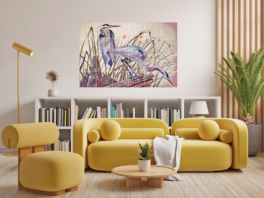 Blue Heron Ceramic Tile Mural: Glossy Bird Wall Art