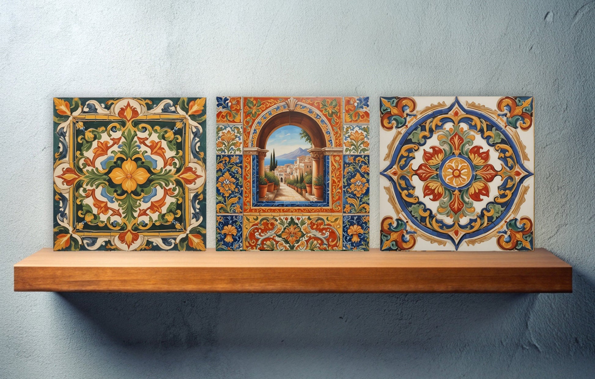 Sicilian Ceramic tiles - Set of 3 Sicilian Wall Decor Tiles - Kitchen Backsplash Tiles, Bathroom Tiles, Sicilian ceramics, Shower tiles