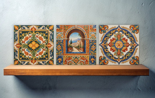 Sicilian Ceramic tiles - Set of 3 Sicilian Wall Decor Tiles - Kitchen Backsplash Tiles, Bathroom Tiles, Sicilian ceramics, Shower tiles