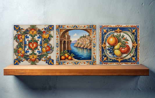 Sicilian Ceramic tiles - Set of 3 Sicilian Wall Decor Tiles - Kitchen Backsplash Tiles, Bathroom Tiles, Sicilian ceramics, Shower tiles