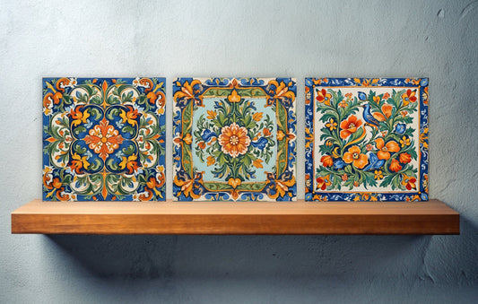 Sicilian Ceramic tiles - Set of 3 Sicilian Wall Decor Tiles - Kitchen Backsplash Tiles, Bathroom Tiles, Sicilian ceramics, Shower tiles