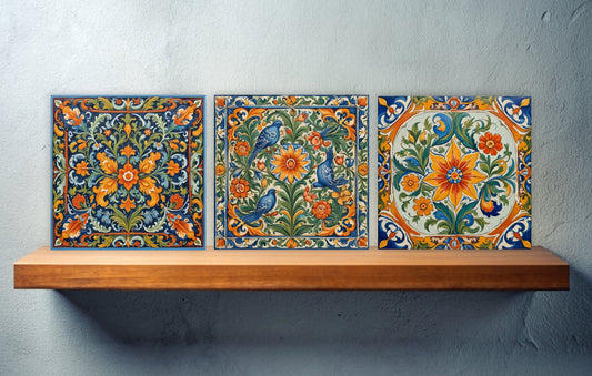 Sicilian Ceramic tiles - Set of 3 Sicilian Wall Decor Tiles - Kitchen Backsplash Tiles, Bathroom Tiles, Sicilian ceramics, Shower tiles