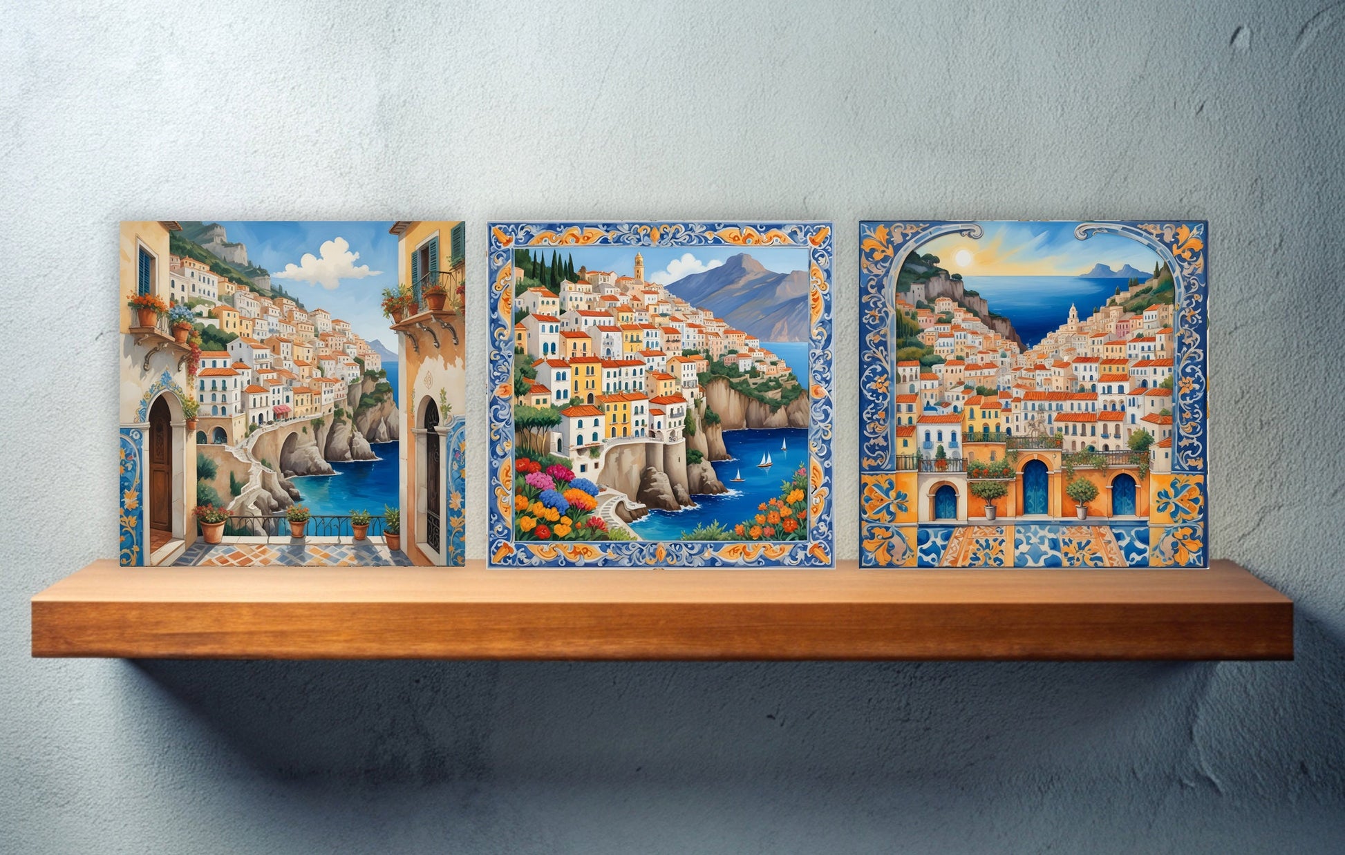 Amalfi Ceramic tiles - Set of 3 Amalfi Wall Decor Tiles - Kitchen Backsplash Tiles, Bathroom Tiles, Amalfi ceramics, Shower tiles, wall tile