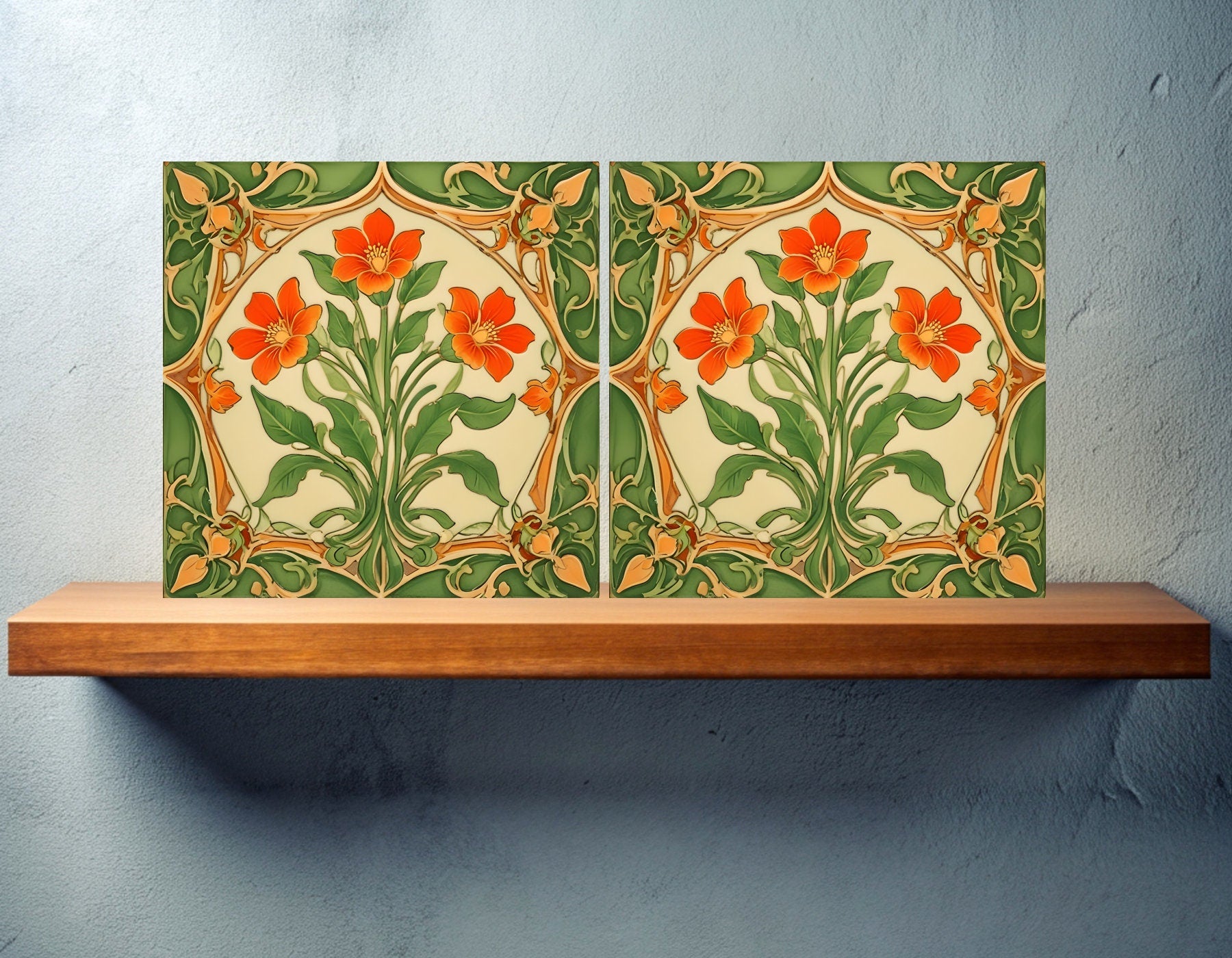 Art Nouveau Flower Ceramic tiles - Set of 2 Art Nouveau Wall Decor Tiles - Kitchen Backsplash Tiles, Table Decorative Tiles, Bathroom Tiles