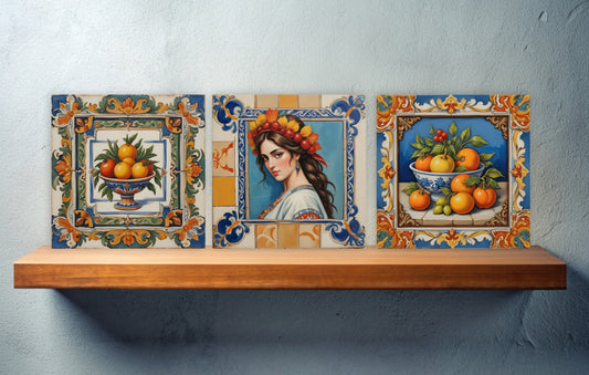 Sicilian Ceramic tiles - Set of 3 Sicilian Wall Decor Tiles - Kitchen Backsplash Tiles, Bathroom Tiles, Sicilian ceramics, Shower tiles