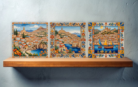 Sicilian Ceramic tiles - Set of 3 Sicilian Wall Decor Tiles - Kitchen Backsplash Tiles, Bathroom Tiles, Sicilian ceramics, Shower tiles
