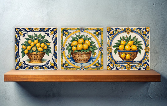 Sicilian Lemon Ceramic tiles - Set of 3 Sicilian Wall Decor Tiles - Kitchen Backsplash Tiles, Bathroom Tiles, Shower tiles, Italian Tiles