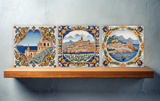 Sicilian Ceramic tiles - Set of 3 Sicilian Wall Decor Tiles - Kitchen Backsplash Tiles, Bathroom Tiles, Sicilian ceramics, Shower tiles
