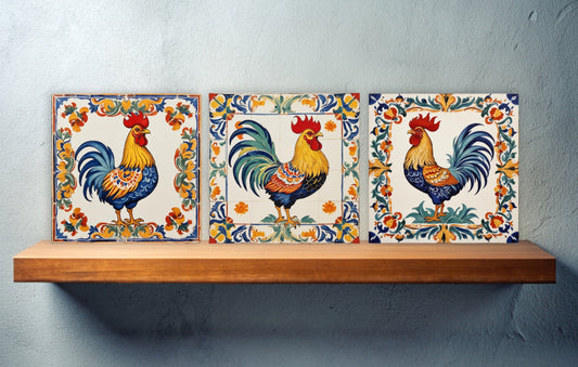 Sicilian Ceramic tiles - Set of 3 Sicilian Wall Decor Tiles - Rooster Tiles - Kitchen Backsplash Tiles, Bathroom Tiles, Shower tiles