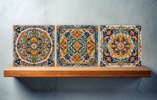Sicilian Ceramic tiles - Set of 3 Sicilian Wall Decor Tiles - Kitchen Backsplash Tiles, Bathroom Tiles, Sicilian ceramics, Shower tiles