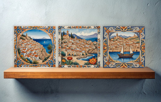 Sicilian Ceramic tiles - Set of 3 Sicilian Wall Decor Tiles - Kitchen Backsplash Tiles, Bathroom Tiles, Sicilian ceramics, Shower tiles