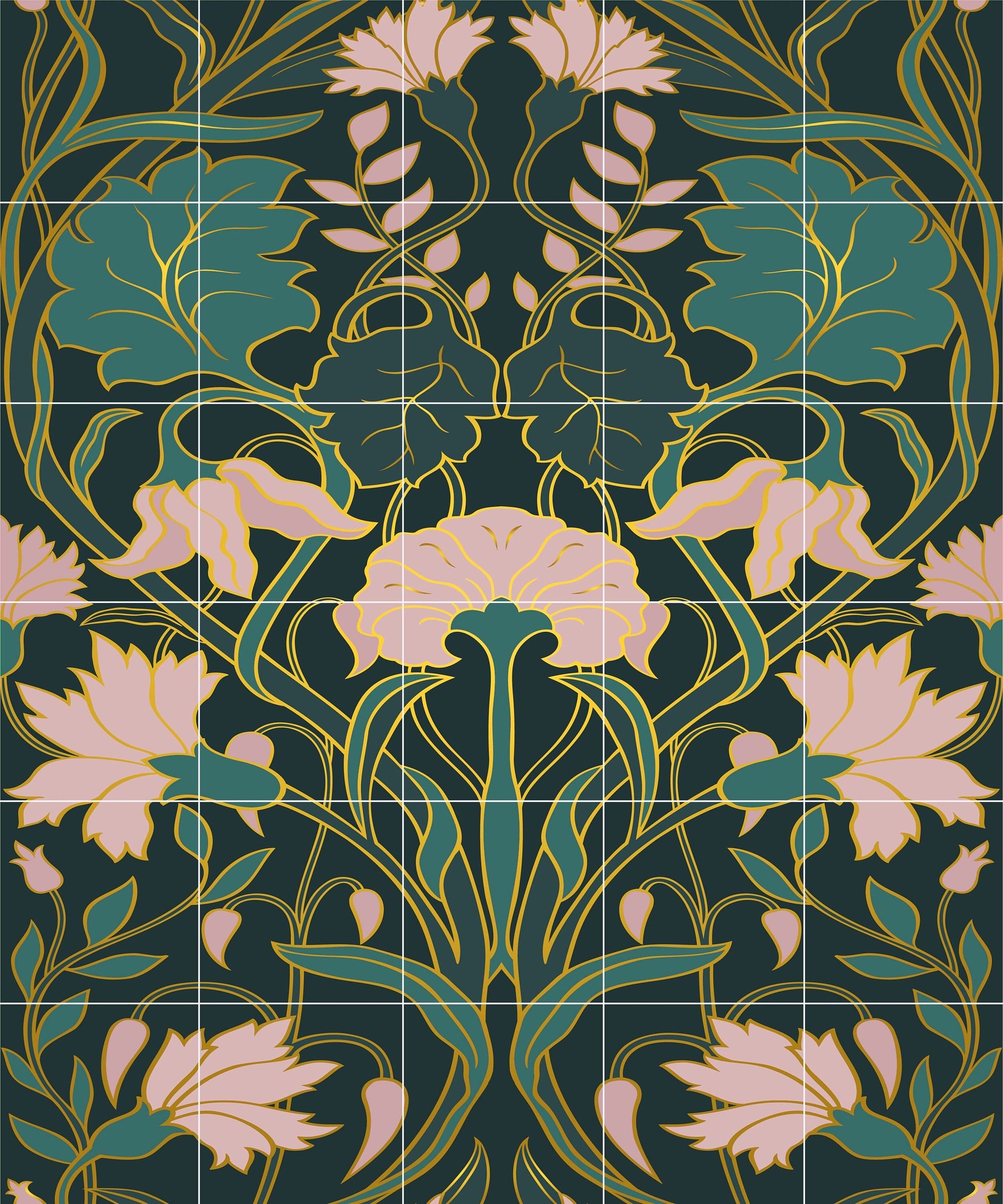 Art Nouveau Floral Ceramic Tile Mural/Mosaic - Art Nouveau Wall Decor Tiles - Flower Mural - Floral Print -Kitchen Backsplash Tiles,Bathroom