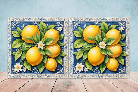 Italian Majolica Lemon Tiles - Set of 2 Italian Wall Decor Tiles - Kitchen Backsplash Tiles, Table Decorative Tiles, Bathroom Tiles, Coaster