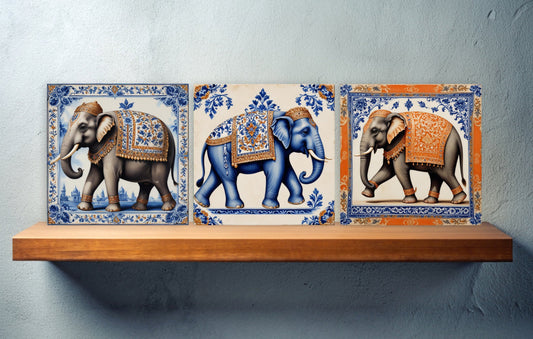 Set of 3 Indian Elephant Ceramic Wall Tiles - Gloss Finish - Elephant Wall Art Print - Elephant art - Elephant Home Decor - Elephant print