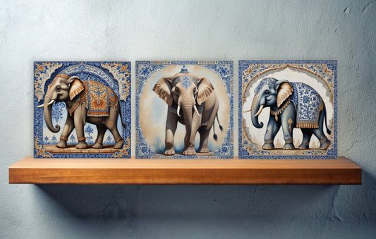 Set of 3 Indian Elephant Ceramic Wall Tiles - Gloss Finish - Elephant Wall Art Print - Elephant art - Elephant Home Decor - Elephant print