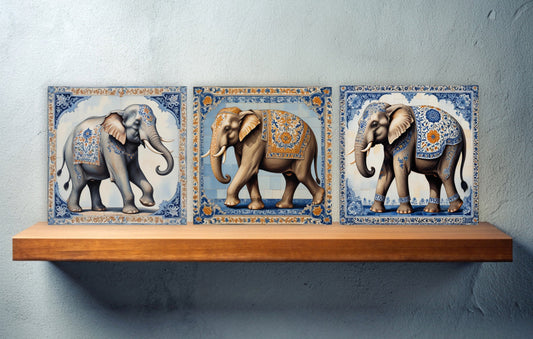 Set of 3 Indian Elephant Ceramic Wall Tiles - Gloss Finish - Elephant Wall Art Print - Elephant art - Elephant Home Decor - Elephant print