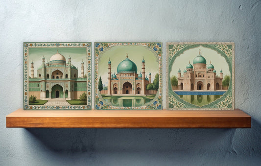 Set of 3 Indian Temples Ceramic Wall Tiles - Gloss Finish - Indian Wall Art Print - Temple art - Temple Decor - Temple print -Mughal print