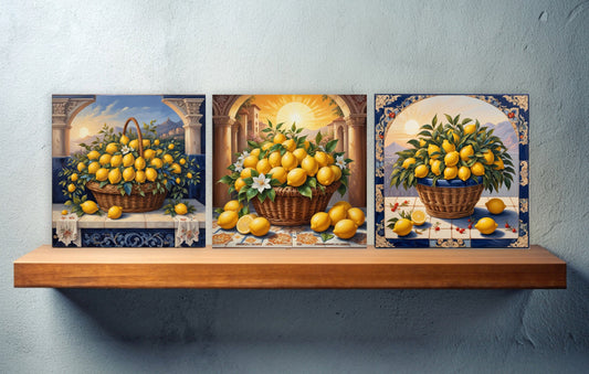Sicilian Lemon Ceramic tiles - Set of 3 Sicilian Wall Decor Tiles - Kitchen Backsplash Tiles, Bathroom Tiles, Shower tiles, Italian Tiles