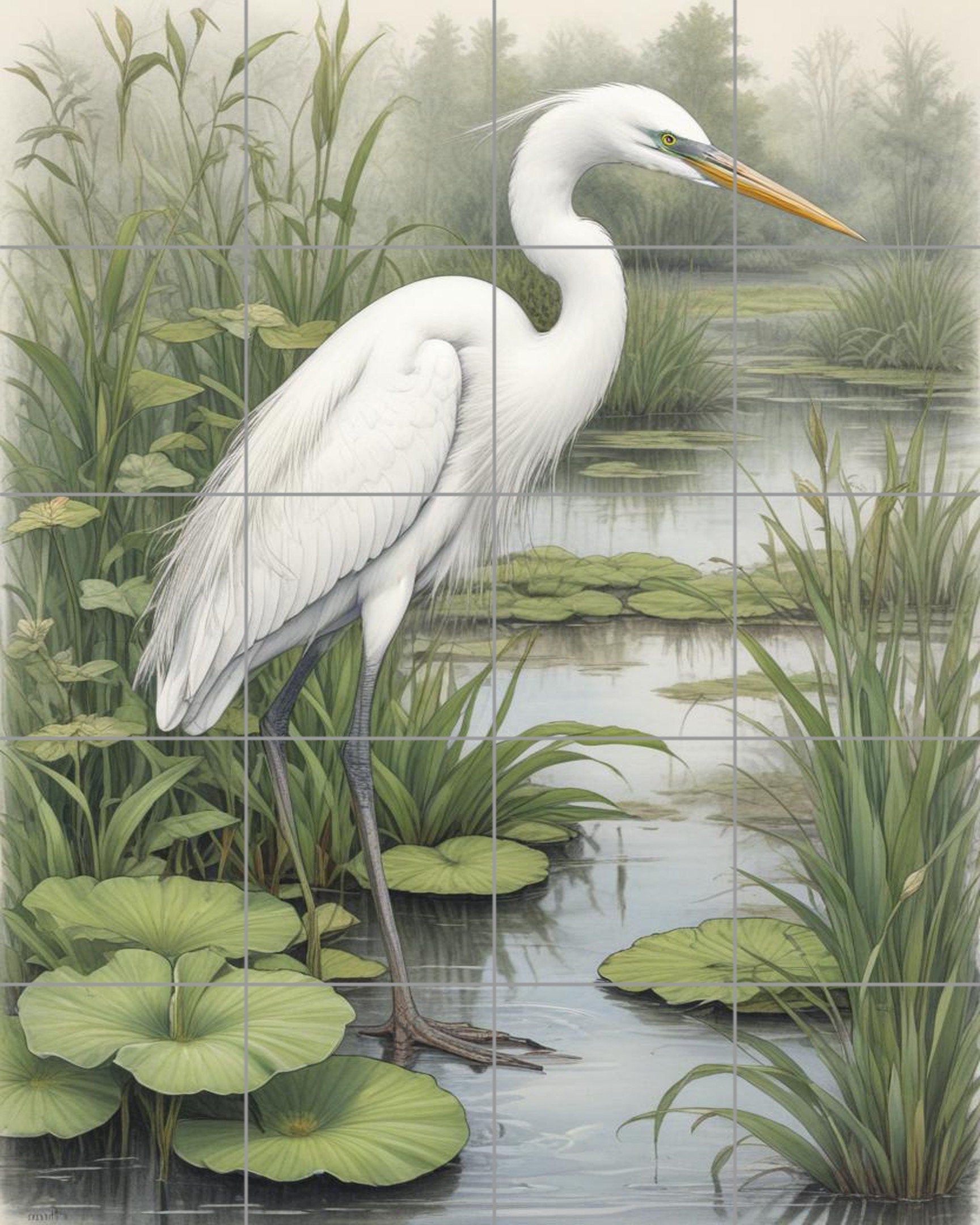 Tile Mural/Mosaic Ceramic Panel of a White Heron Bird -Crane Bird Wall Art - Heron print - Bird Tile Mural -Gloss Tiles -Heron Wall Art