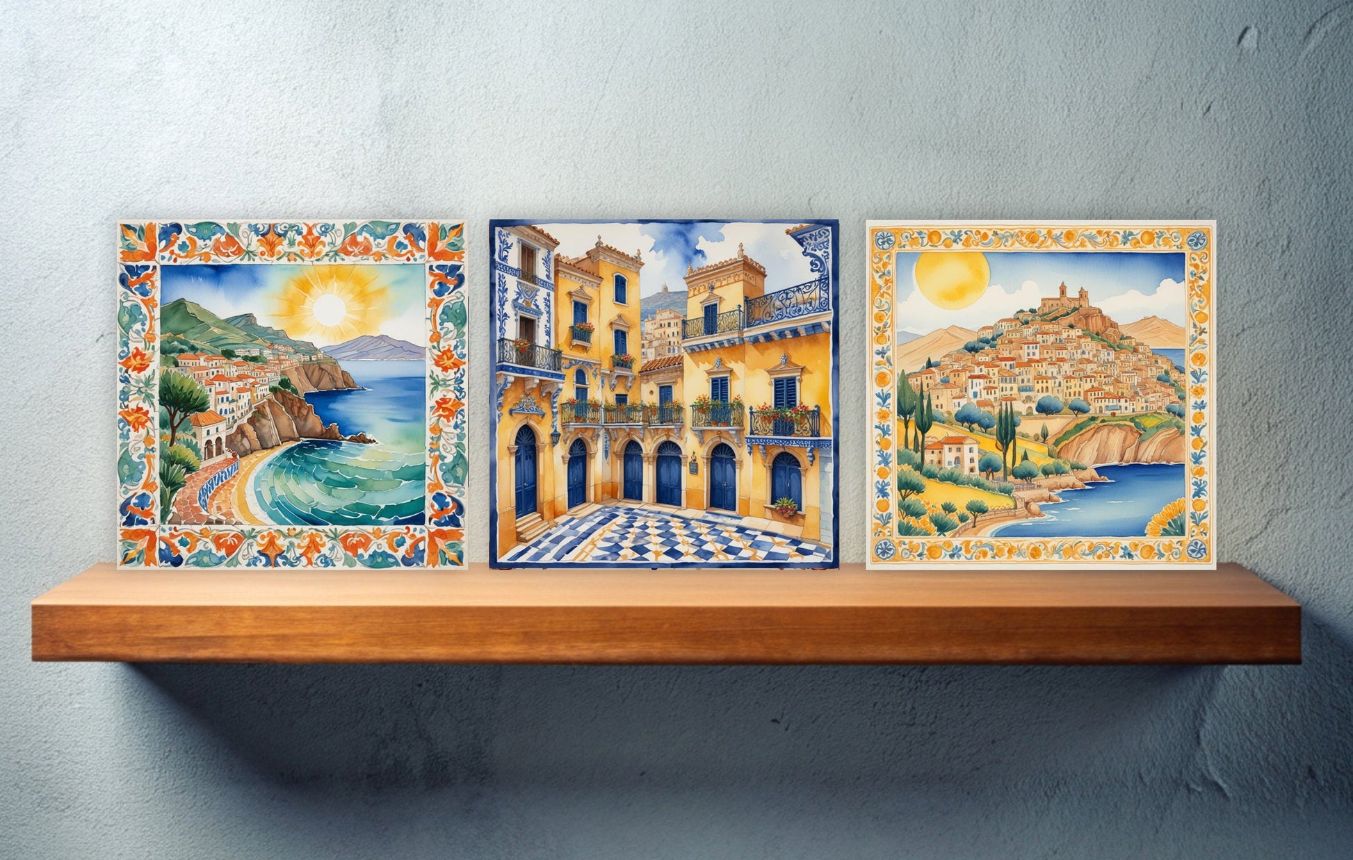 Sicilian Ceramic tiles - Set of 3 Sicilian Wall Decor Tiles - Kitchen Backsplash Tiles, Bathroom Tiles, Sicilian ceramics, Shower tiles