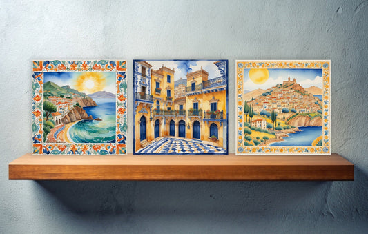 Sicilian Ceramic tiles - Set of 3 Sicilian Wall Decor Tiles - Kitchen Backsplash Tiles, Bathroom Tiles, Sicilian ceramics, Shower tiles