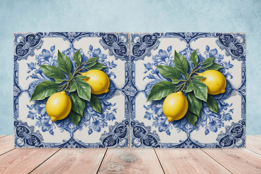 Italian Majolica Lemon Tiles - Set of 2 Italian Wall Decor Tiles - Kitchen Backsplash Tiles, Table Decorative Tiles, Bathroom Tiles, Coaster
