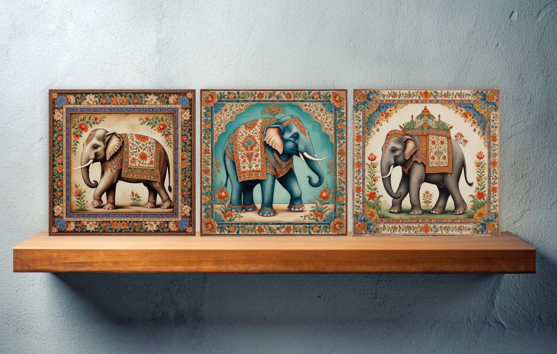 Set of 3 Indian Elephant Ceramic Wall Tiles - Gloss Finish - Elephant Wall Art Print - Elephant art - Elephant Home Decor - Elephant print