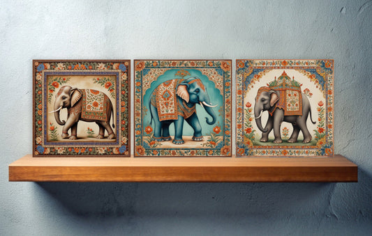 Set of 3 Indian Elephant Ceramic Wall Tiles - Gloss Finish - Elephant Wall Art Print - Elephant art - Elephant Home Decor - Elephant print
