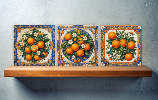 Italian Majolica Oranges Tiles -Set of 3 Italian Wall Decor Tiles -Kitchen Backsplash Tiles, Table Decorative Tiles, Bathroom Tiles, Coaster