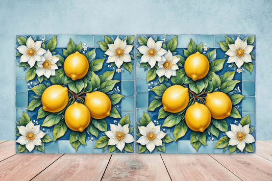 Italian Majolica Lemon Tiles - Set of 2 Italian Wall Decor Tiles - Kitchen Backsplash Tiles, Table Decorative Tiles, Bathroom Tiles, Coaster