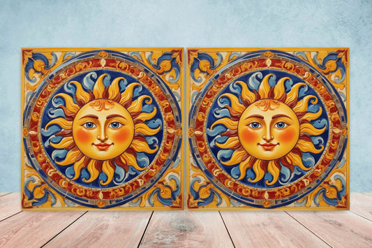 Sicilian Sun Ceramic tiles - Set of 2 Sicilian Wall Decor Tiles - Kitchen Backsplash Tiles, Bathroom Tiles, Shower tiles, Italian Tiles