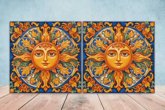 Sicilian Sun Ceramic tiles - Set of 2 Sicilian Wall Decor Tiles - Kitchen Backsplash Tiles, Bathroom Tiles, Shower tiles, Italian Tiles