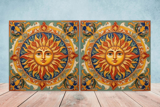 Sicilian Sun Ceramic tiles - Set of 2 Sicilian Wall Decor Tiles - Kitchen Backsplash Tiles, Bathroom Tiles, Shower tiles, Italian Tiles