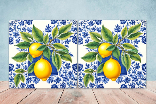 Italian Majolica Lemon Tiles - Set of 2 Italian Wall Decor Tiles - Kitchen Backsplash Tiles, Table Decorative Tiles, Bathroom Tiles, Coaster
