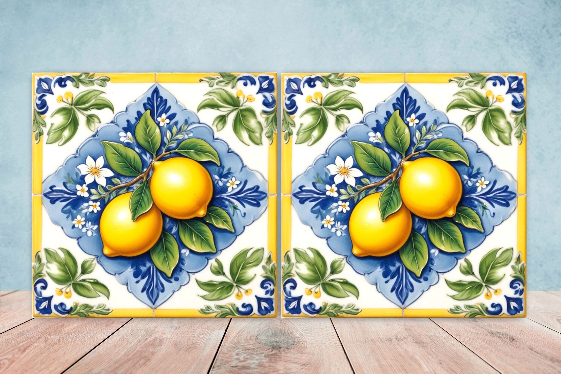 Italian Majolica Lemon Tiles - Set of 2 Italian Wall Decor Tiles - Kitchen Backsplash Tiles, Table Decorative Tiles, Bathroom Tiles, Coaster