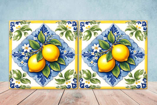 Italian Majolica Lemon Tiles - Set of 2 Italian Wall Decor Tiles - Kitchen Backsplash Tiles, Table Decorative Tiles, Bathroom Tiles, Coaster