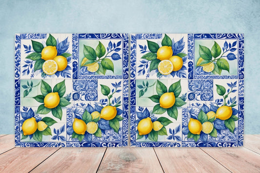 Italian Majolica Lemon Tiles - Set of 2 Italian Wall Decor Tiles - Kitchen Backsplash Tiles, Table Decorative Tiles, Bathroom Tiles, Coaster