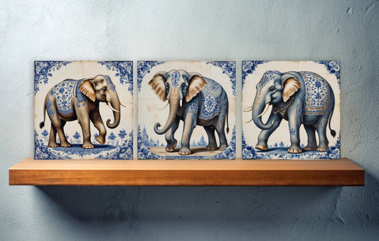 Set of 3 Indian Elephant Ceramic Wall Tiles - Gloss Finish - Elephant Wall Art Print - Elephant art - Elephant Home Decor - Elephant print