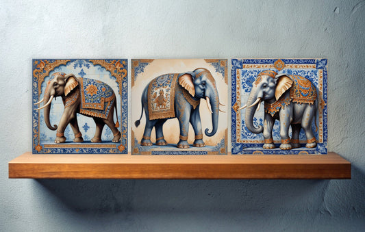 Set of 3 Indian Elephant Ceramic Wall Tiles - Gloss Finish - Elephant Wall Art Print - Elephant art - Elephant Home Decor - Elephant print