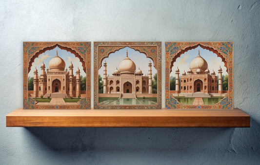 Set of 3 Indian Temples Ceramic Wall Tiles - Gloss Finish - Indian Wall Art Print - Temple art - Temple Decor - Temple print -Mughal print
