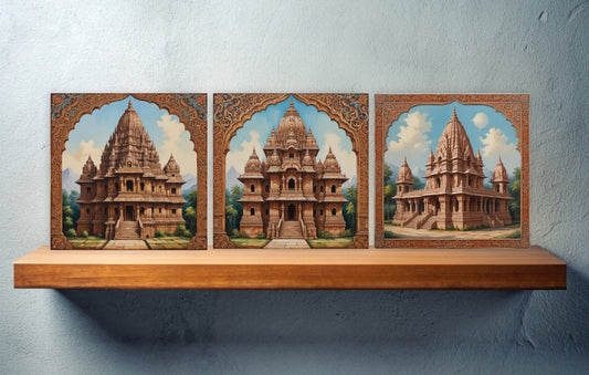 Set of 3 Indian Hindu Temples Ceramic Wall Tiles - Gloss Finish - Hindu Wall Art Print -Temple art -Temple Decor - Temple print -Hindu print