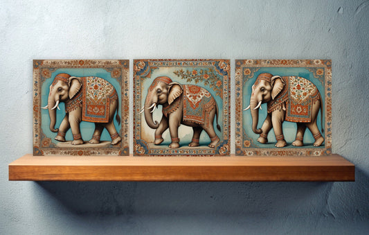 Set of 3 Indian Elephant Ceramic Wall Tiles - Gloss Finish - Elephant Wall Art Print - Elephant art - Elephant Home Decor - Elephant print
