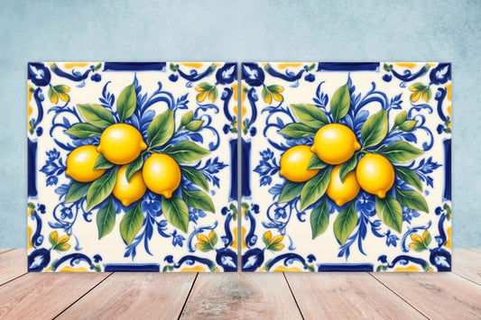 Italian Majolica Lemon Tiles - Set of 2 Italian Wall Decor Tiles - Kitchen Backsplash Tiles, Table Decorative Tiles, Bathroom Tiles, Coaster