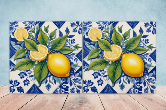 Italian Majolica Lemon Tiles - Set of 2 Italian Wall Decor Tiles - Kitchen Backsplash Tiles, Table Decorative Tiles, Bathroom Tiles, Coaster